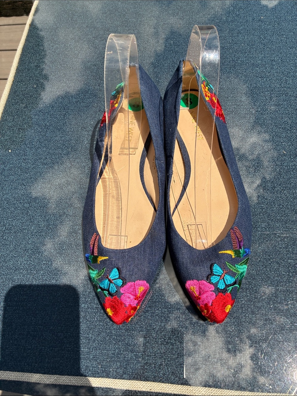 Nine West Navy Embroidered Floral & Butterfly Pointed Flats